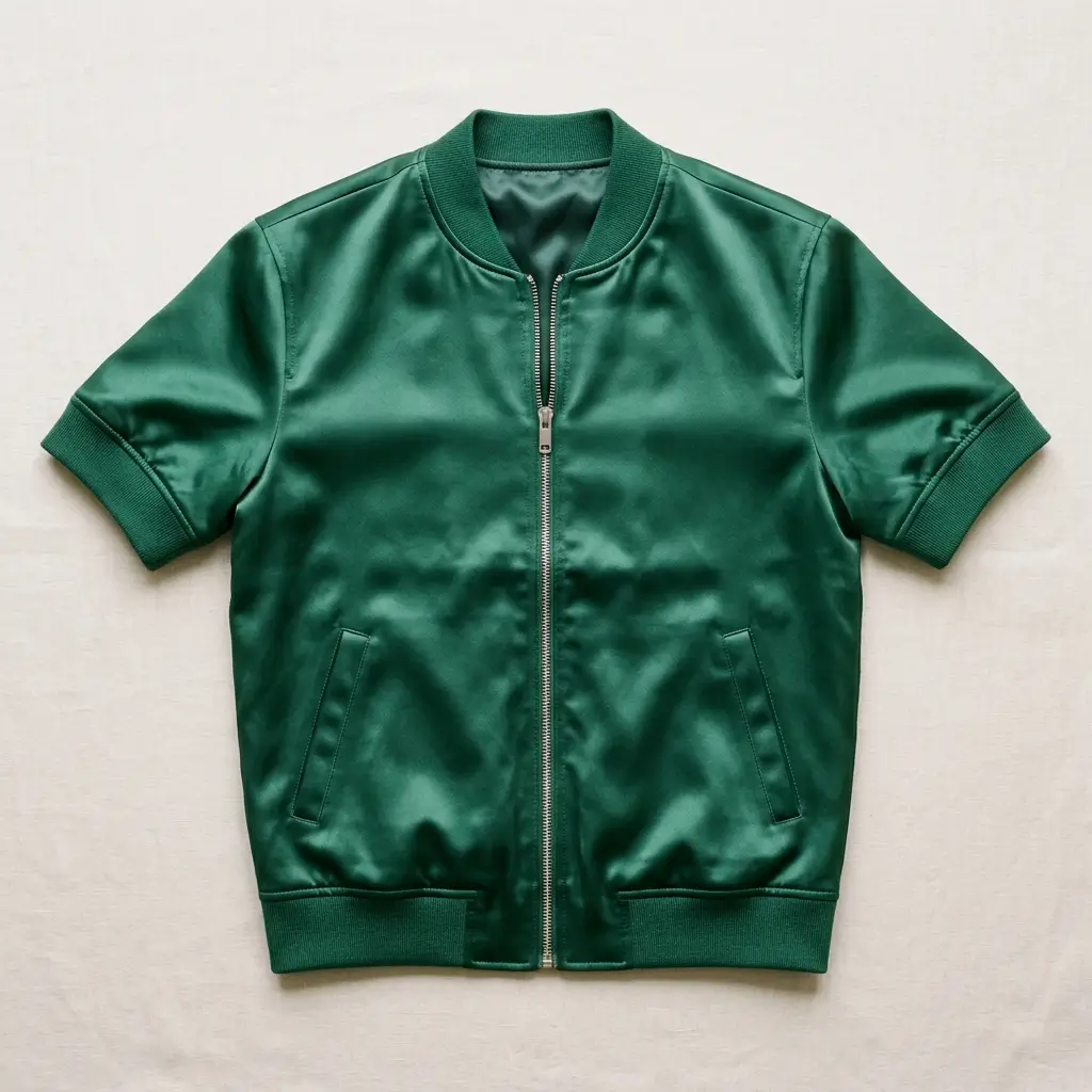 Green short sleeve satin bomber jacket.
