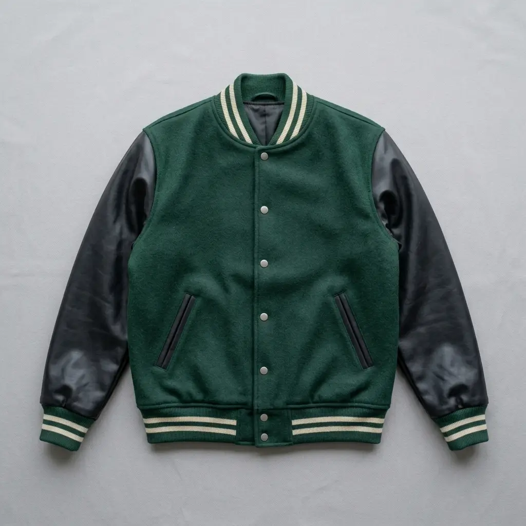 Green wool body black vinyl sleeves blank varsity jacket.