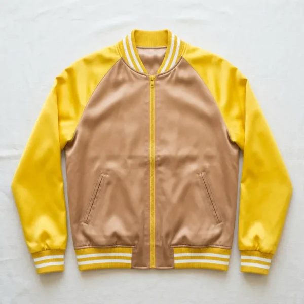 Light brown body and yellow raglan sleeves satin varsity jacket.
