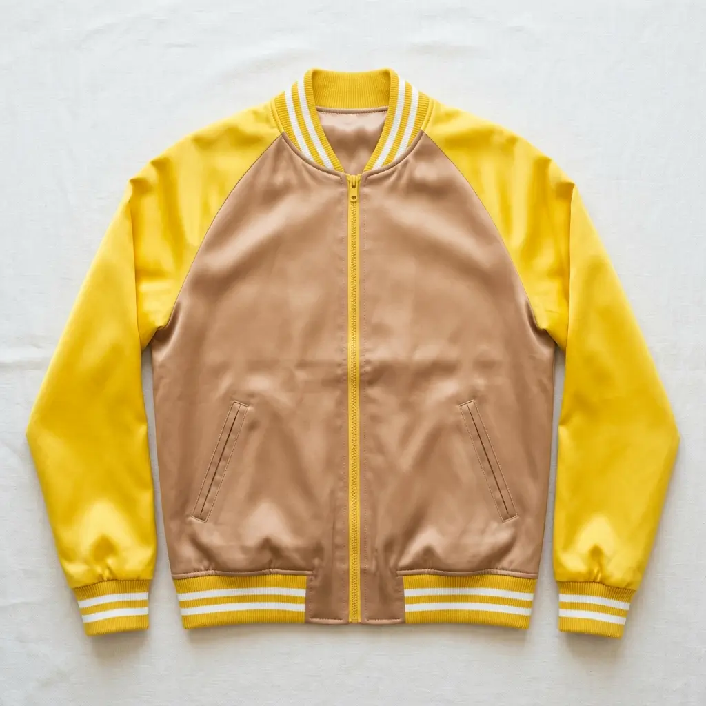 Light brown body and yellow raglan sleeves satin varsity jacket.