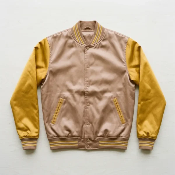 Light brown body and yellow set in sleeves satin varsity jacket.