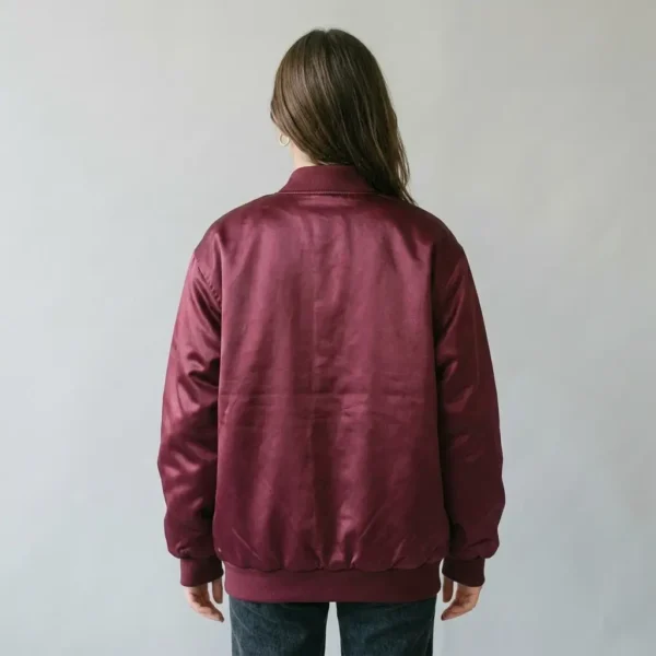 Maroon oversized satin jacket back.