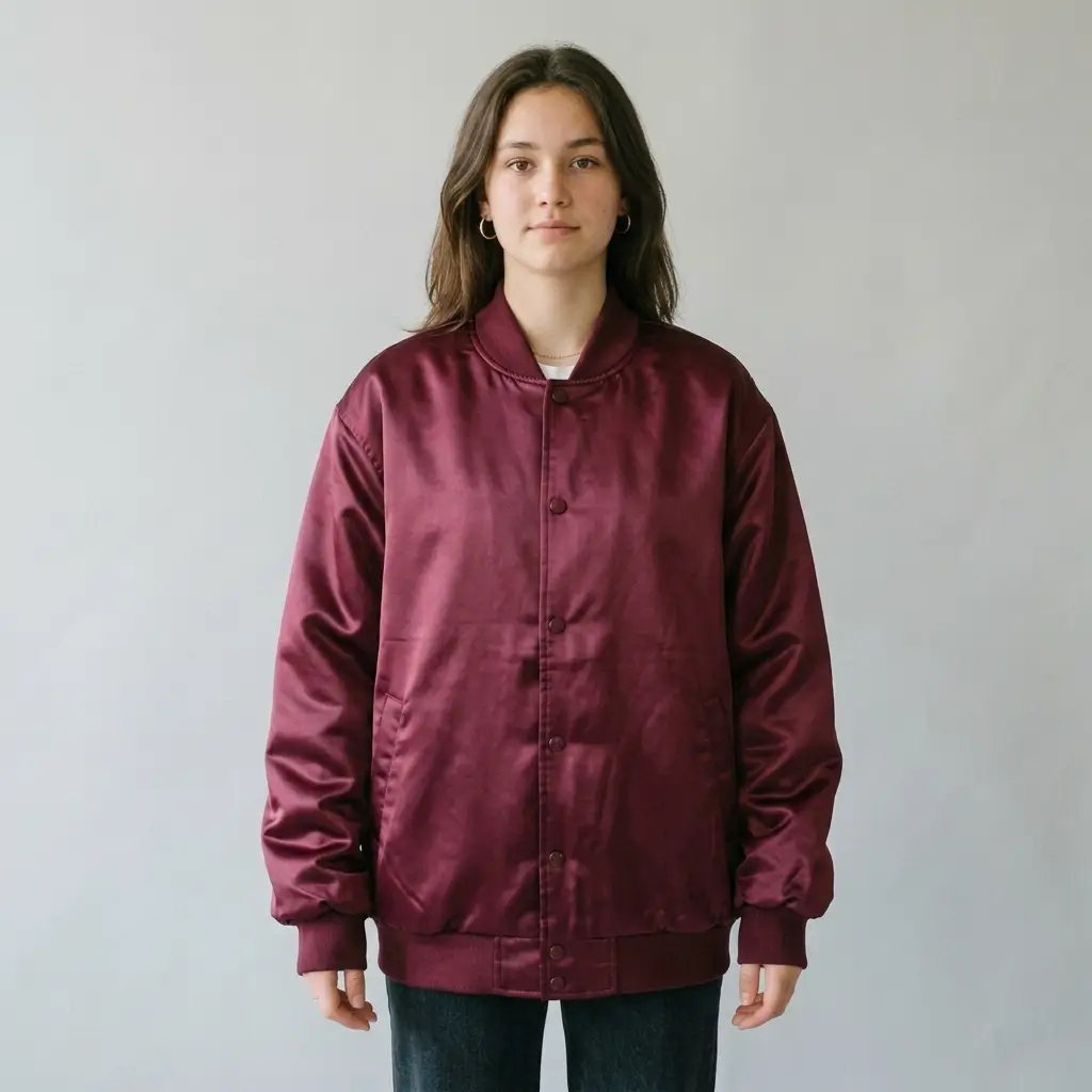 Maroon oversized satin jacket.