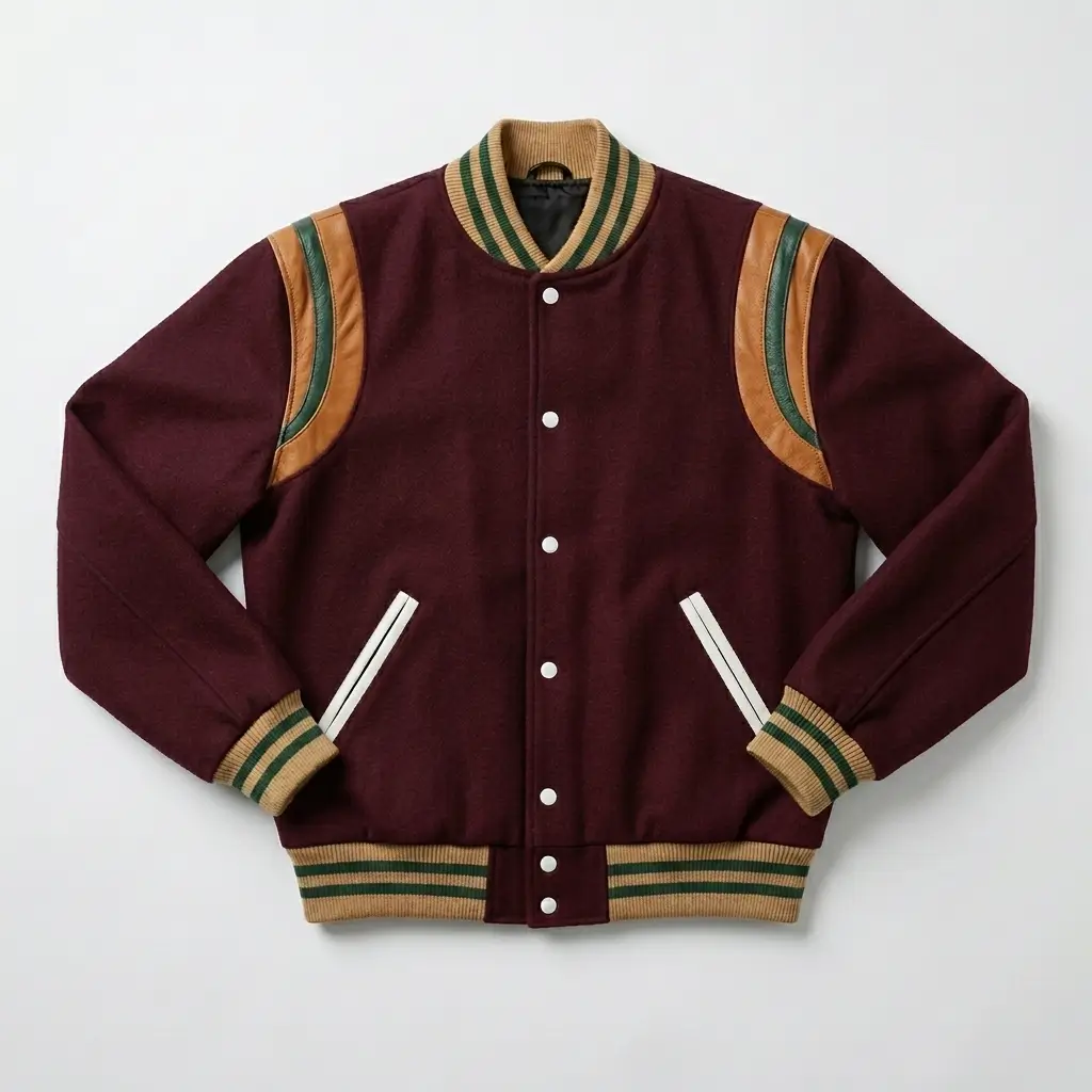 Maroon varsity jacket with partial leather inserts.