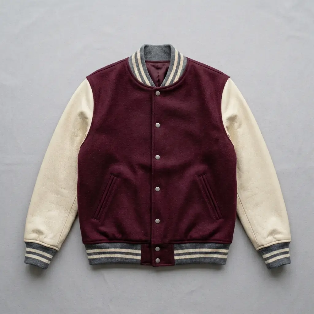 Maroon wool body cream leather sleeves blank varsity jacket.
