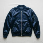 Navy blue satin ma‑1 flight bomber jacket.