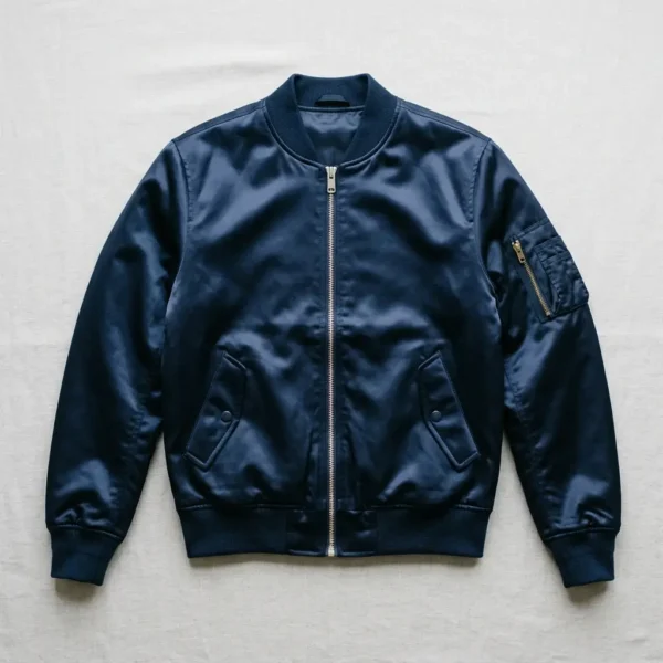 Navy blue satin ma‑1 flight bomber jacket.