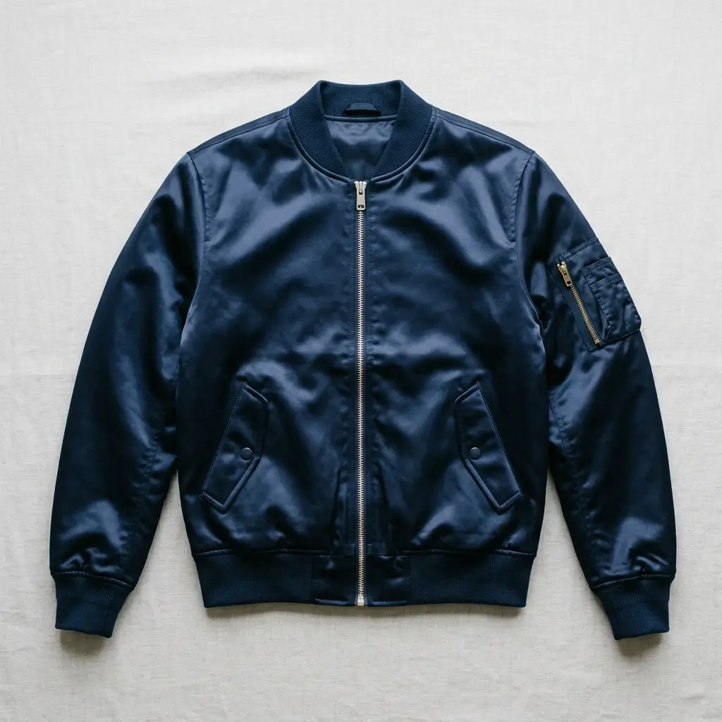 Navy blue satin ma‑1 flight bomber jacket.