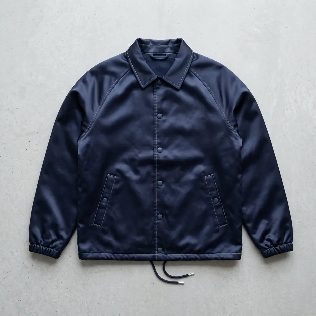 Navy blue satin coach jacket.