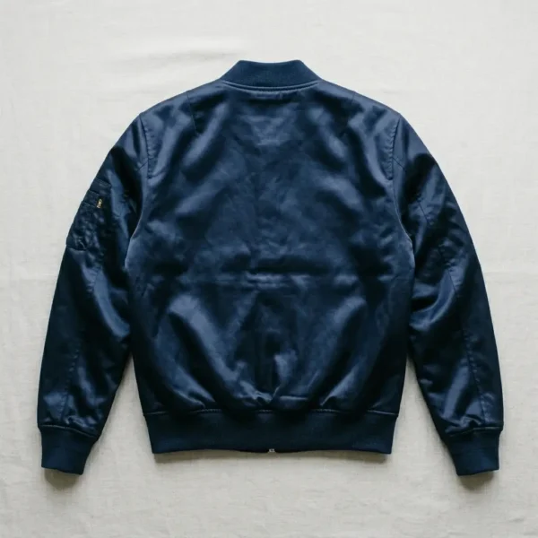 Navy blue satin ma 1 flight bomber jacket back.