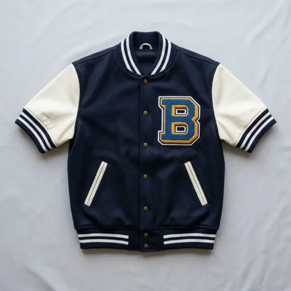 Navy blue short sleeve letterman jacket.