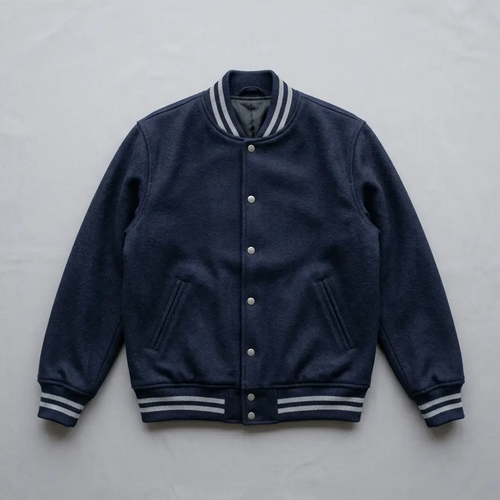Navy blue wool body wool sleeves blank varsity jacket.