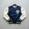 Navy body cream sleeves embroidered satin varsity jacket.
