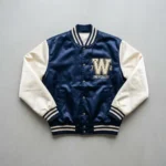 Navy body cream sleeves embroidered satin varsity jacket.