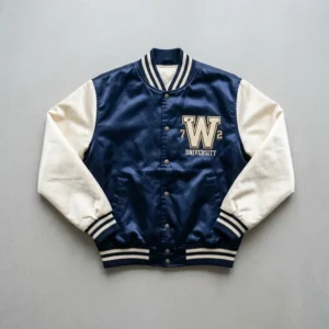 Navy body cream sleeves embroidered satin varsity jacket.