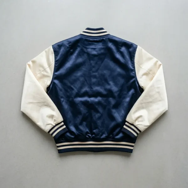 Navy cream embroidered satin varsity jacket back.