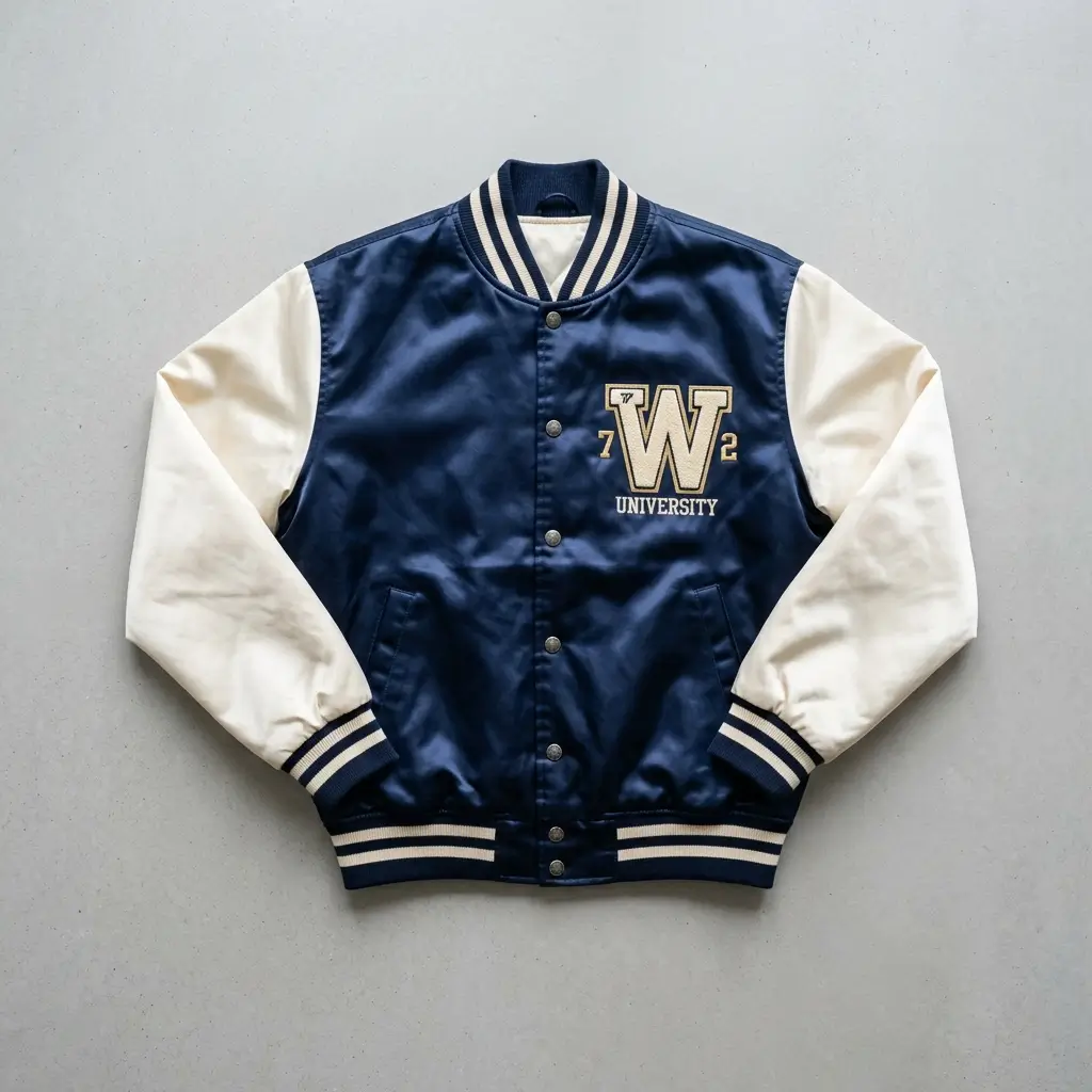 Navy body cream sleeves embroidered satin varsity jacket.