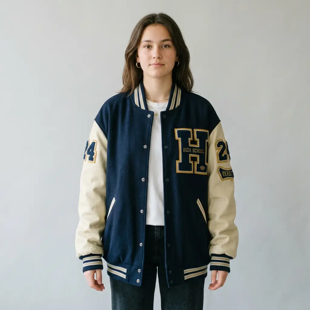 Navy wool body cream leather sleeves oversized letterman jacket.