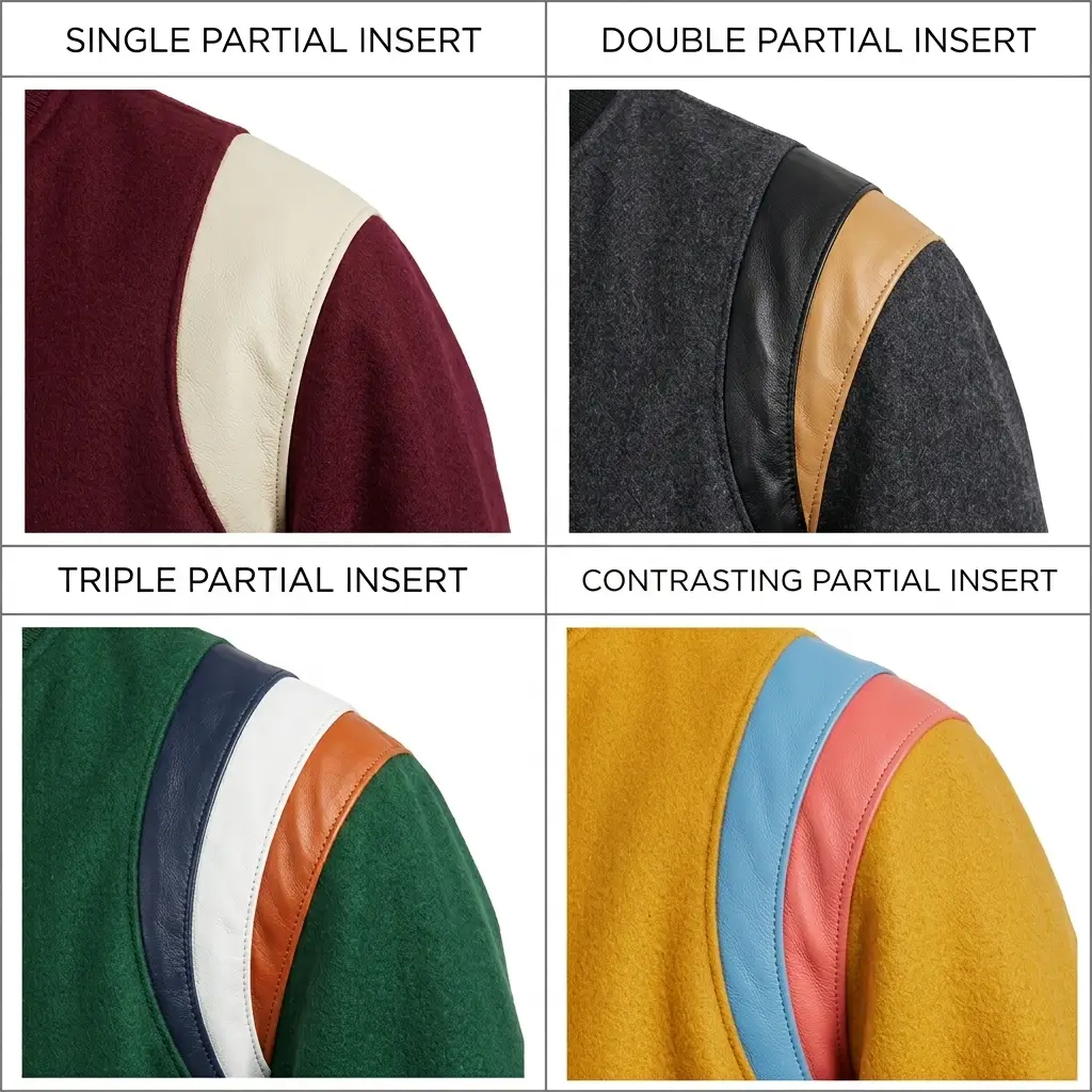 Partial leather insert styles for custom varsity jackets.