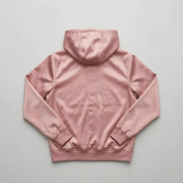 Pink hooded satin jacket back.