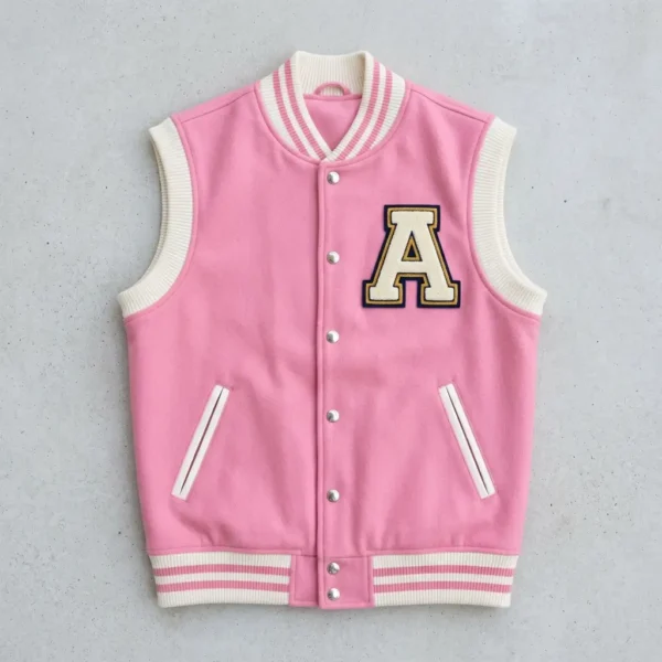 Pink sleeveless letterman jacket.