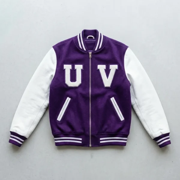 Purple wool body white leather sleeves zippered letterman jacket.