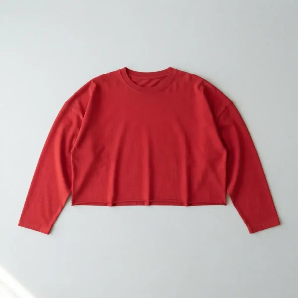 Red cropped long sleeve oversized t-shirt front.