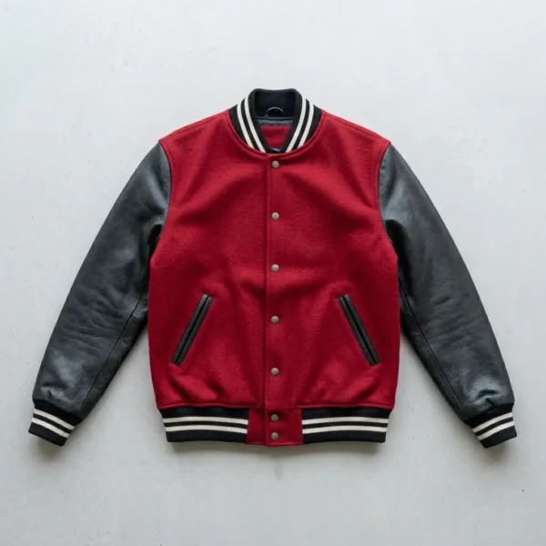 Red wool body black leather sleeves varsity jacket.
