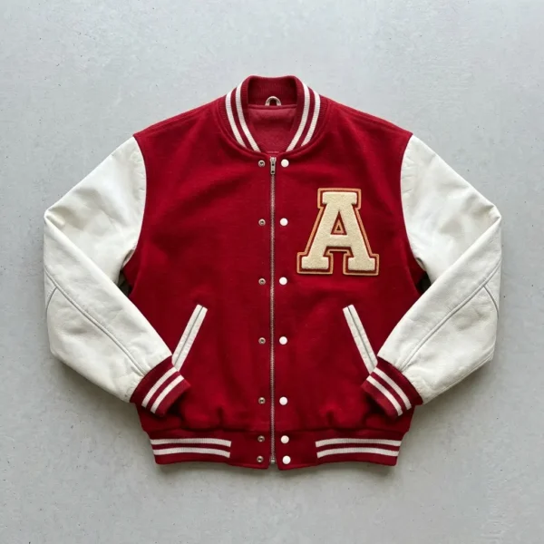 Red wool body white leather set-in sleeves letterman jacket.