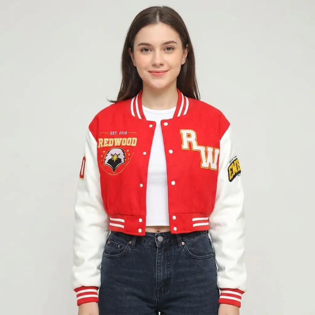 Red wool body white wool sleeves cropped letterman jacket.
