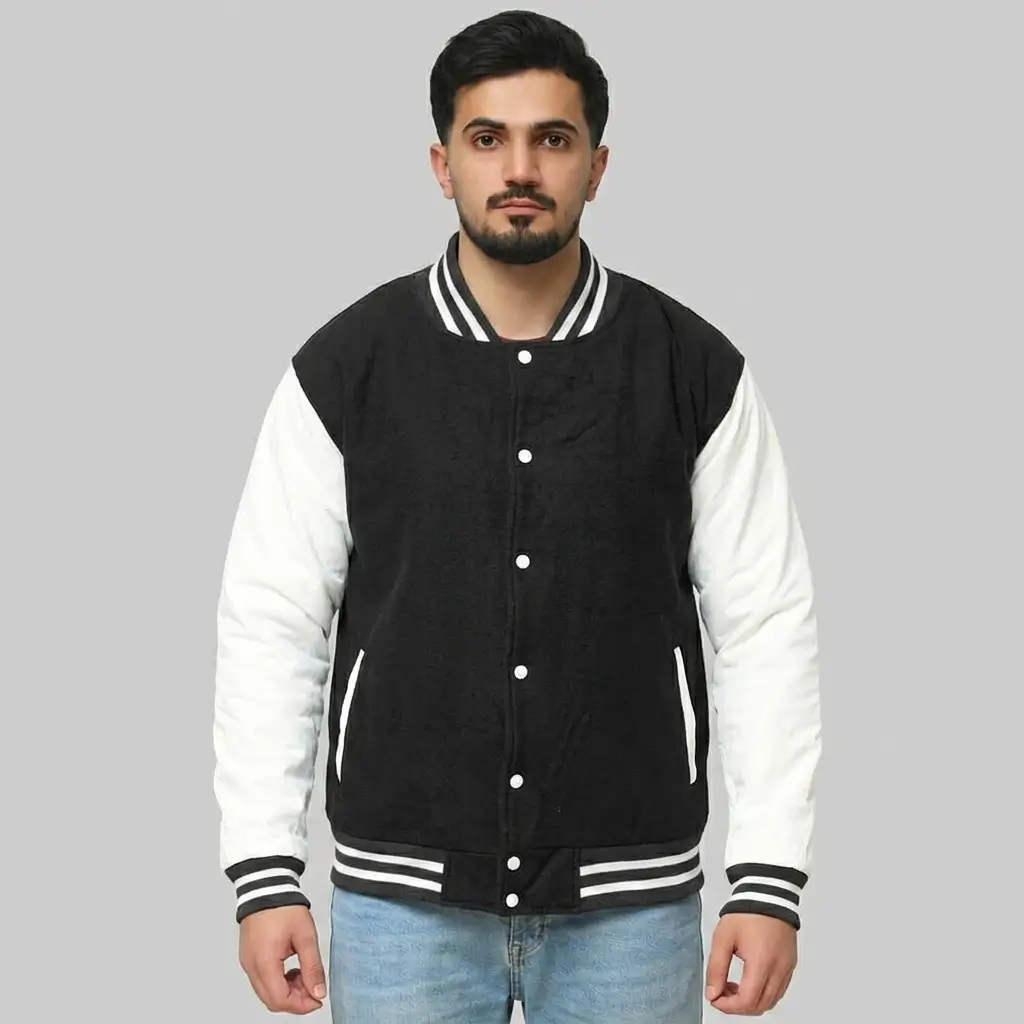 Regular fit black body white sleeves varsity jacket.
