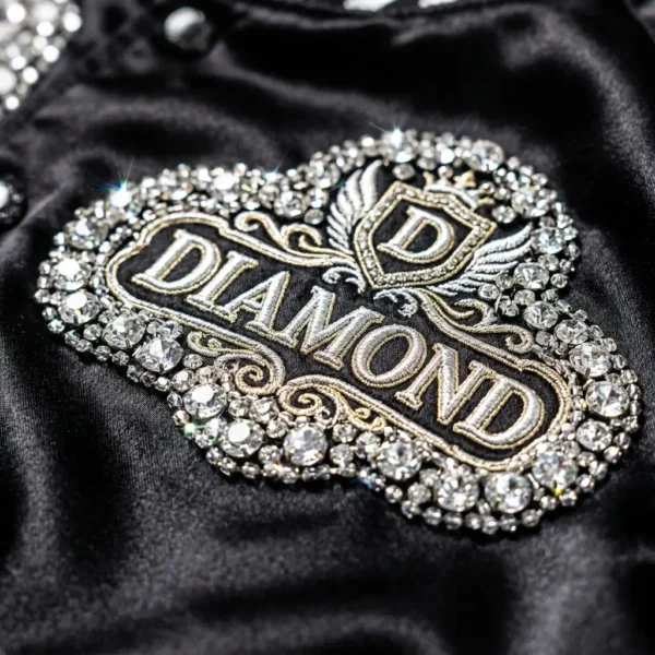 Rhinestones and crystals on embroidered satin jacket.