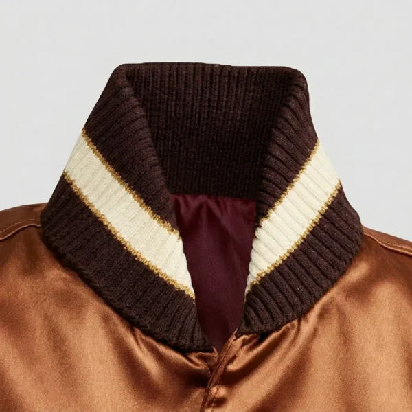 Satin jacket convertible collar closeup.