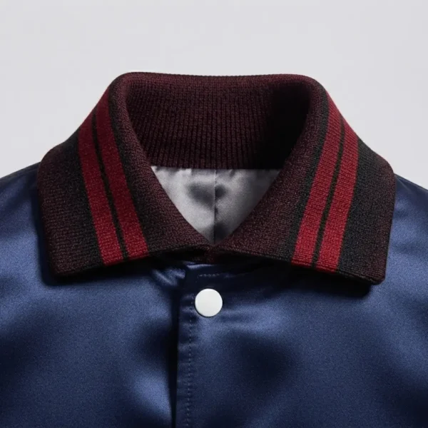Satin jacket hug knit collar closeup.