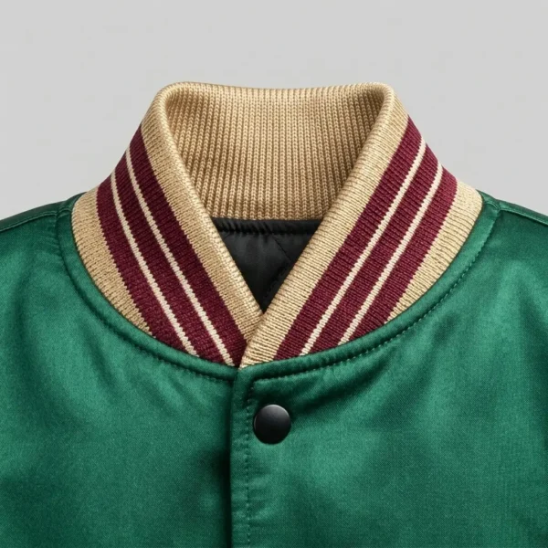 Satin jacket's stand up knit collar closeup.