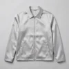 Simple byron collar silver zippered satin jacket.