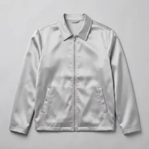 Simple byron collar silver zippered satin jacket.