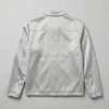Simple byron collar silver zippered satin jacket back.