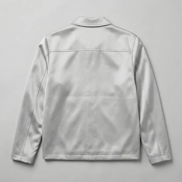 Simple byron collar silver zippered satin jacket back.