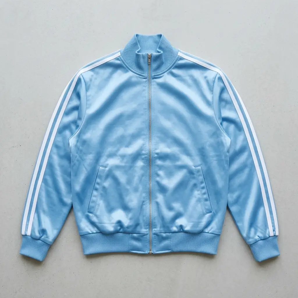 Sky blue satin track jacket.