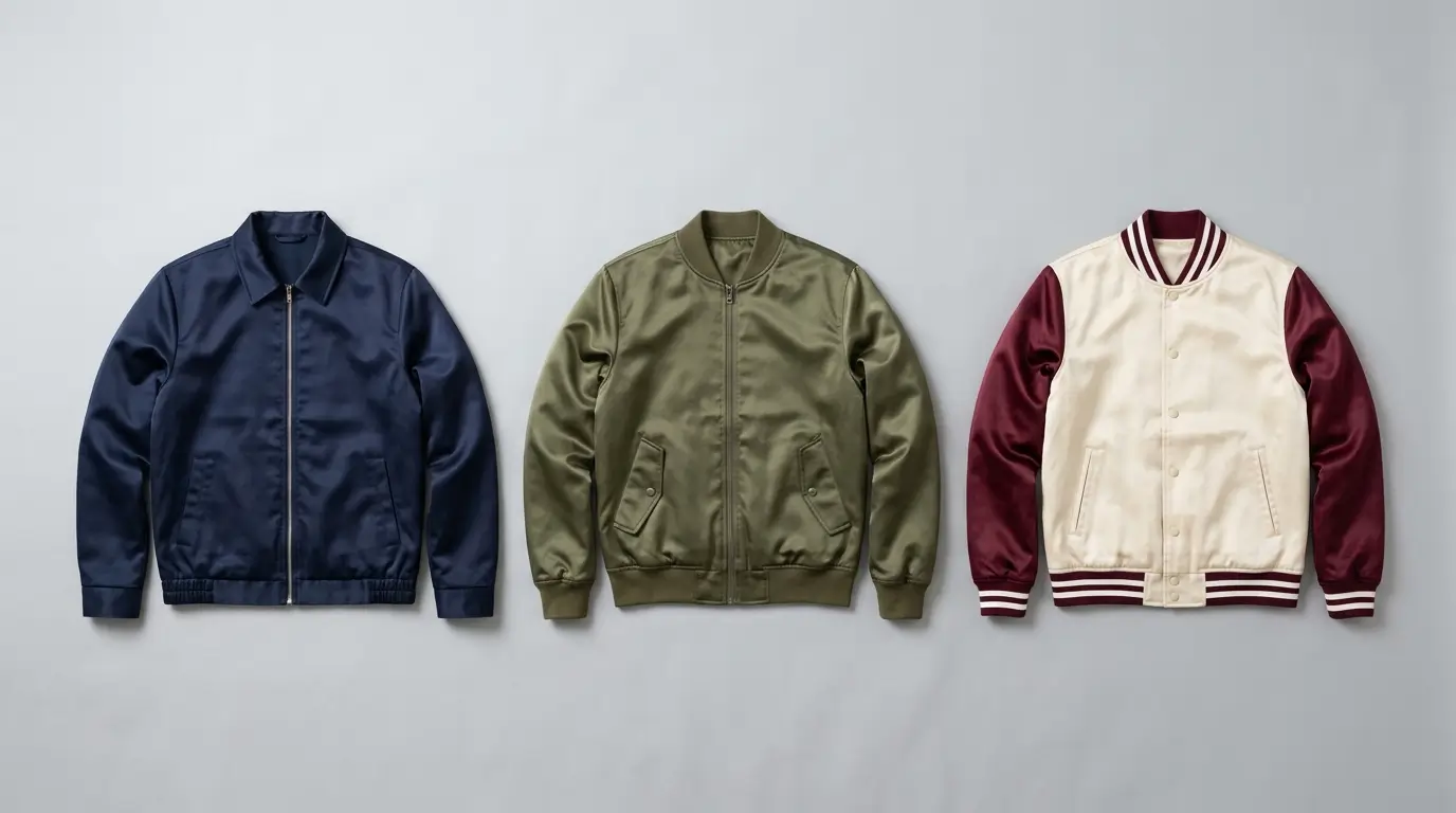 Snap and zippered custom satin jackets flat lay shot.