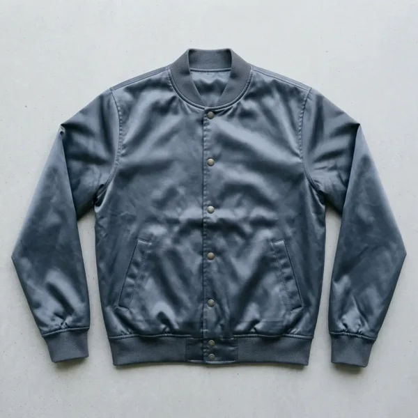 Snap closure gray satin jacket.