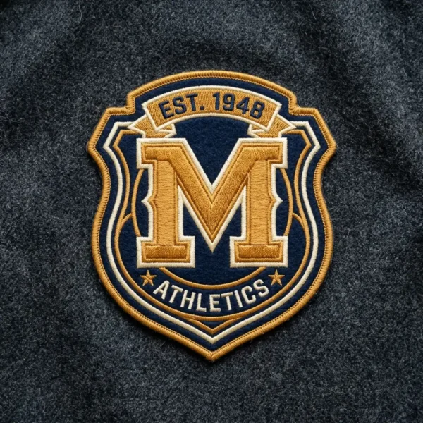 Varsity embroidered patch closeup.