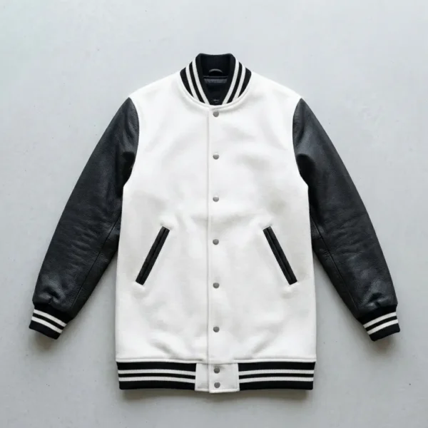 White wool body black leather sleeves long varsity coat.