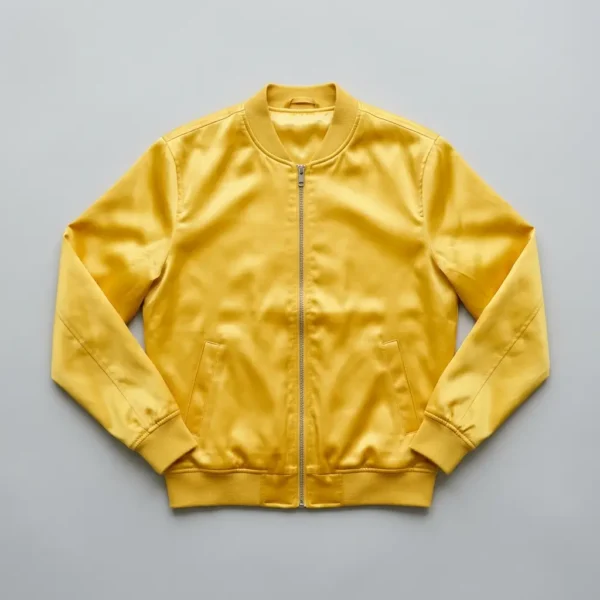 Yellow zippered satin jacket.
