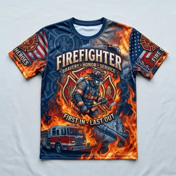 All over printed firefighter t-shirt front.
