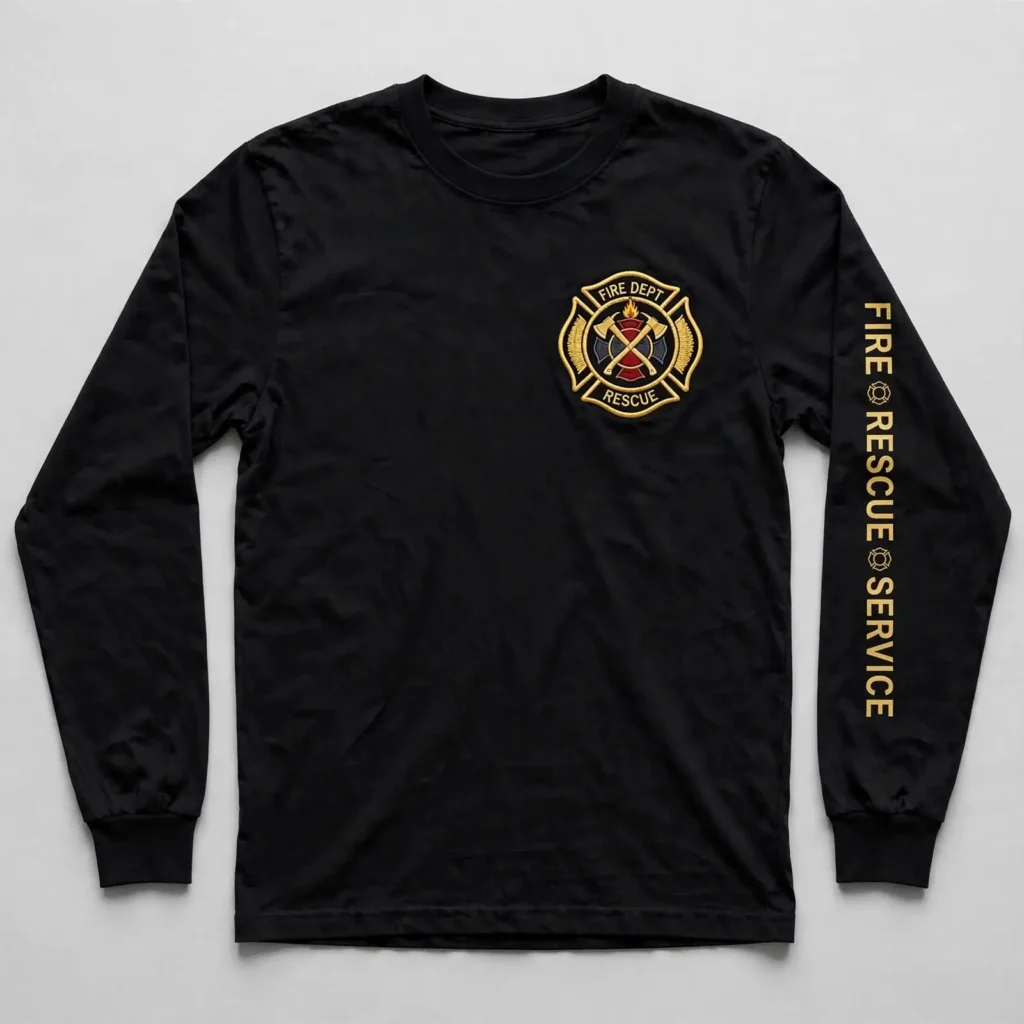 Black long sleeve fire department t-shirt front.