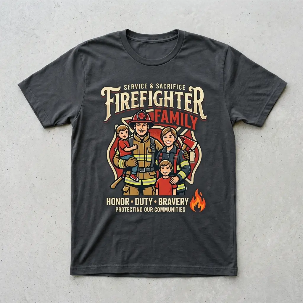 Charcoal firefighter family t-shirt front.