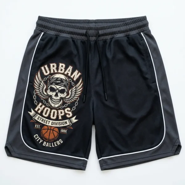 Custom biker streetball graphics basketball shorts front.