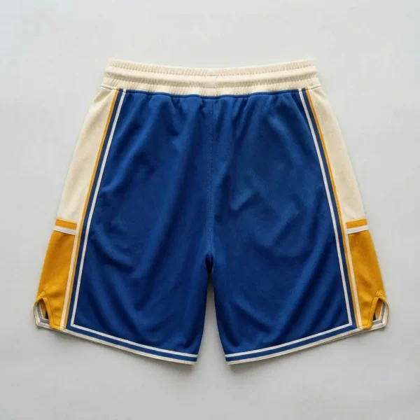 Custom blue, cream, yellow retro throwback basketball shorts back.